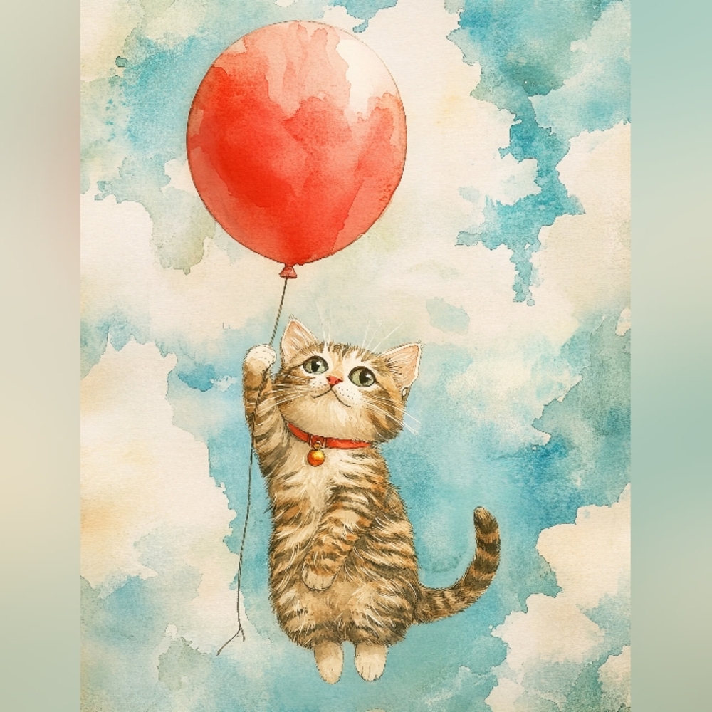 Playful Kitten with Red Balloon Art Print